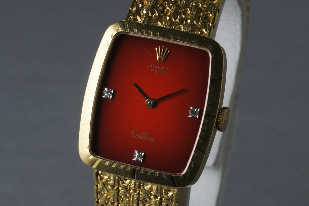 1975 Rolex YG Cellini 4080 with Diamond Red Stella Dial