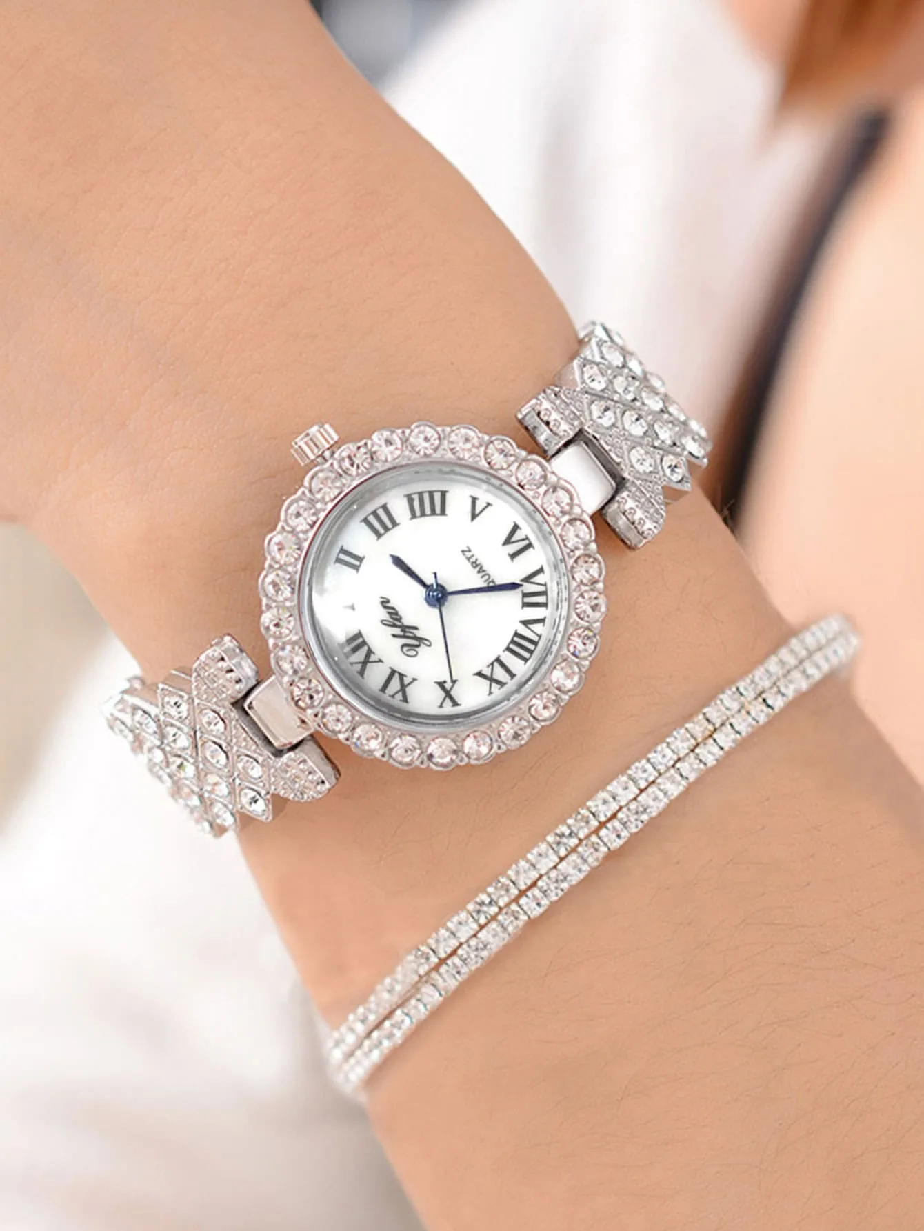 1pc Rhinestone Decor Watch & 2pcs Bracelet