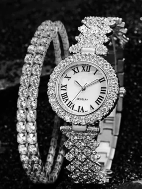 1pc Rhinestone Decor Watch & 2pcs Bracelet