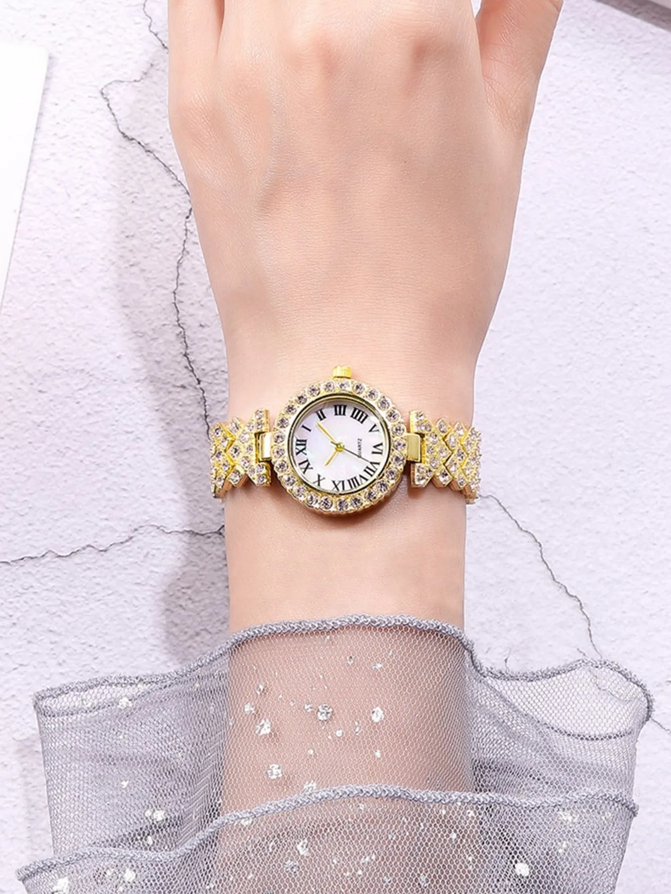 1pc Rhinestone Decor Watch & 2pcs Bracelet