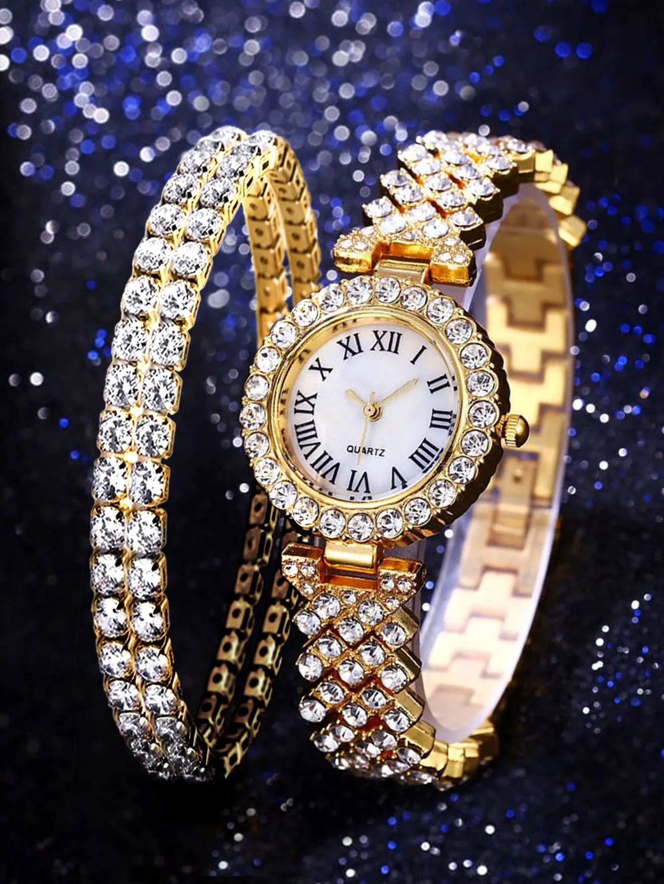 1pc Rhinestone Decor Watch & 2pcs Bracelet