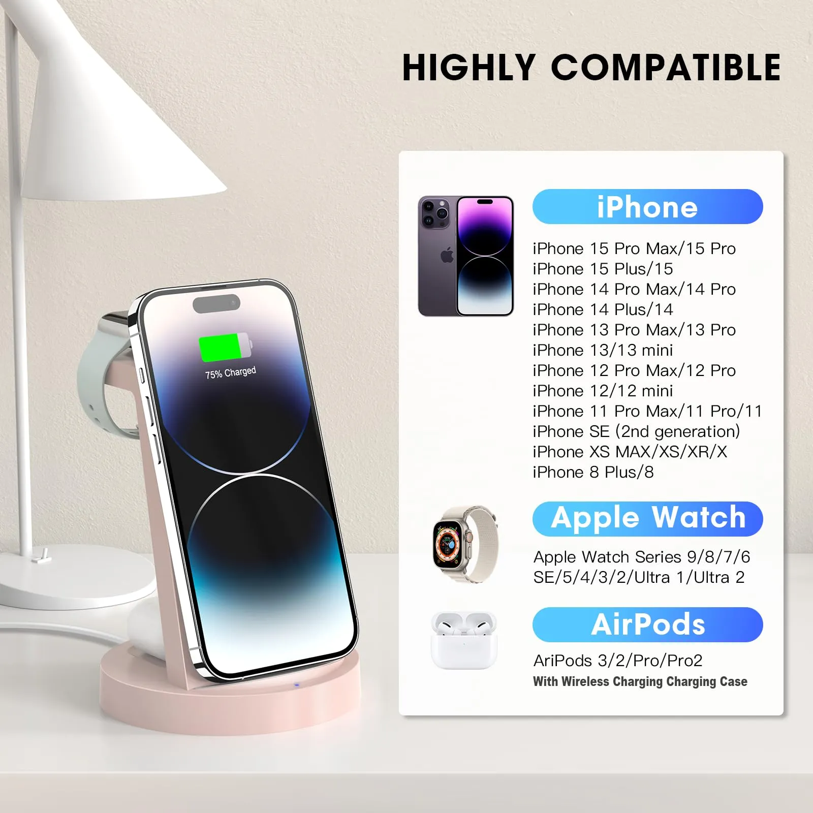 3 in 1 Charging Station for iPhone, Wireless Charger for iPhone 15 14 13 12 11 X Pro Max & Apple Watch - Wireless Charging Station for AirPods 3 Pro