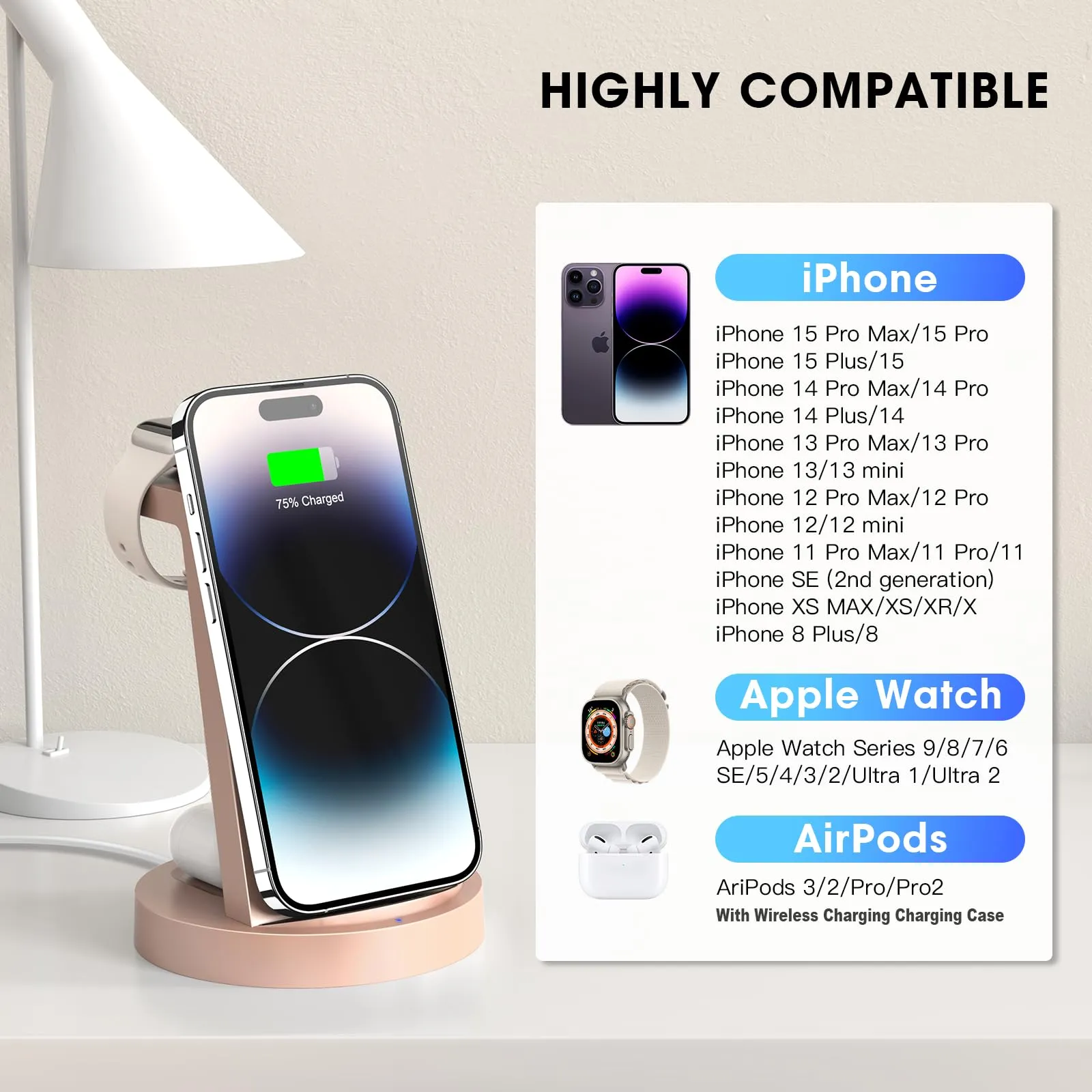 3 in 1 Charging Station for iPhone, Wireless Charger for iPhone 15 14 13 12 11 X Pro Max & Apple Watch - Wireless Charging Station for AirPods 3 Pro