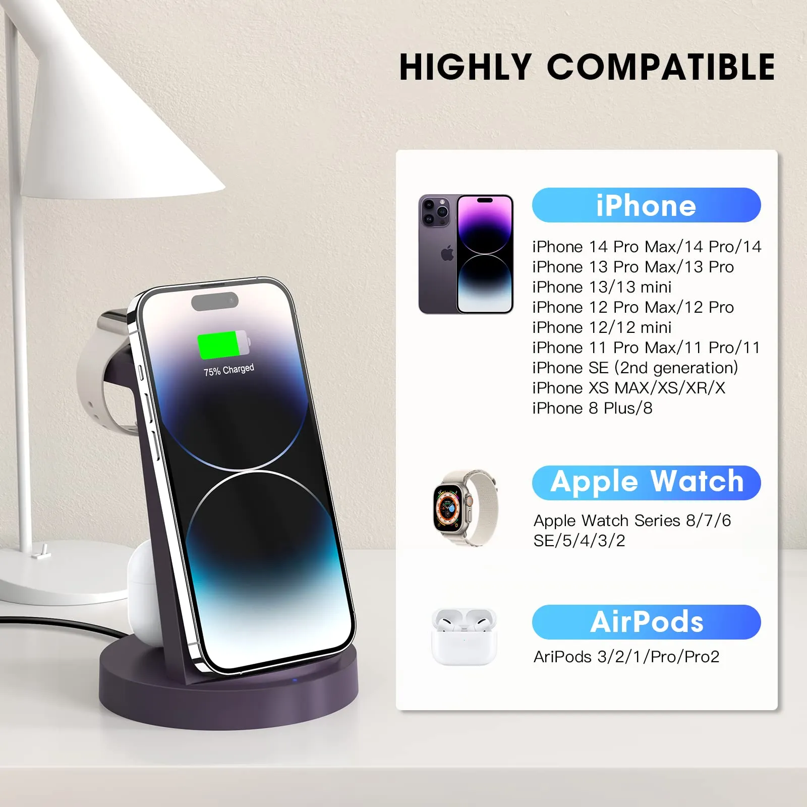 3 in 1 Charging Station for iPhone, Wireless Charger for iPhone 15 14 13 12 11 X Pro Max & Apple Watch - Wireless Charging Station for AirPods 3 Pro