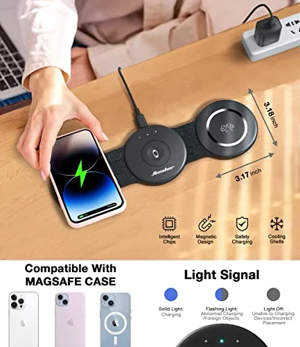 3 in 1 Wireless Charging Station,Hicober Charger Station [Compatible with MagSafe],Foldable Charging Pad for Multiple Devices for iPhone 14 13 12 Pro Max Apple Watch/Airpods (QC3.0 Adapter Included)