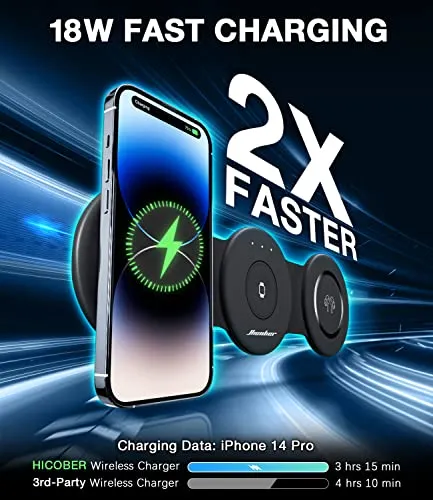 3 in 1 Wireless Charging Station,Hicober Charger Station [Compatible with MagSafe],Foldable Charging Pad for Multiple Devices for iPhone 14 13 12 Pro Max Apple Watch/Airpods (QC3.0 Adapter Included)