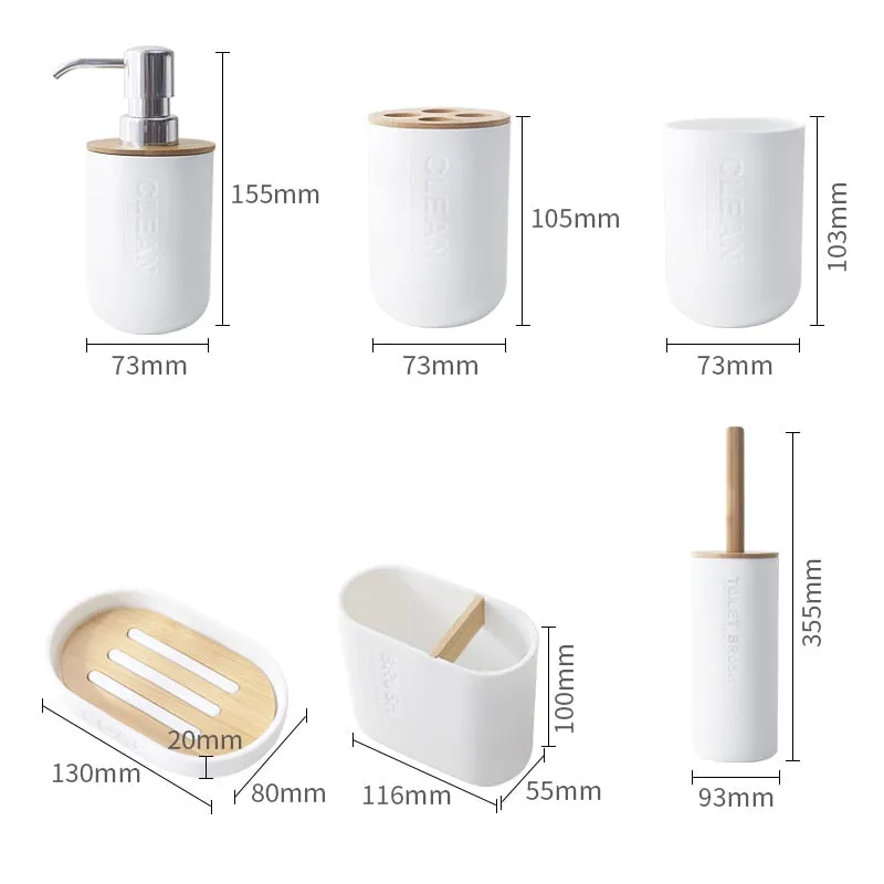 6Pcs Bamboo Bathrooms  Set Toilet Brush Toothbrush Holder Cup Soap holder Emulsion Dispenser Container Bathroom Accessories