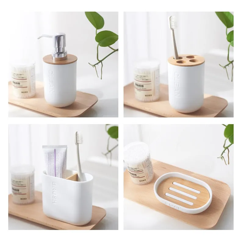 6Pcs Bamboo Bathrooms  Set Toilet Brush Toothbrush Holder Cup Soap holder Emulsion Dispenser Container Bathroom Accessories