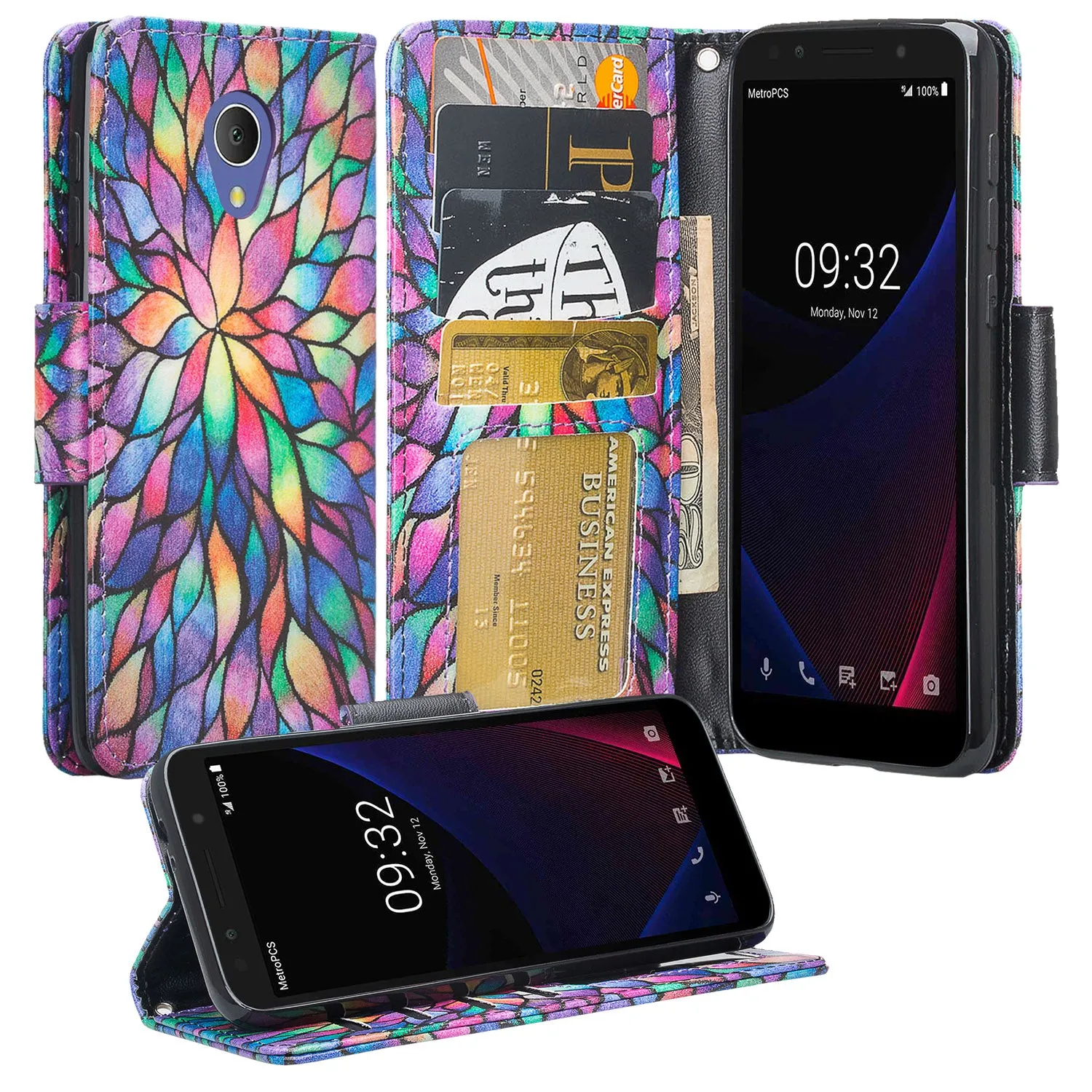 Alcatel 1x Evolve, TCL LX, Avalon V, IdealXTRA Case, Wrist Strap Magnetic Pu Leather Wallet Case [Kickstand] with ID & Credit Card Slots - Rainbow Flower