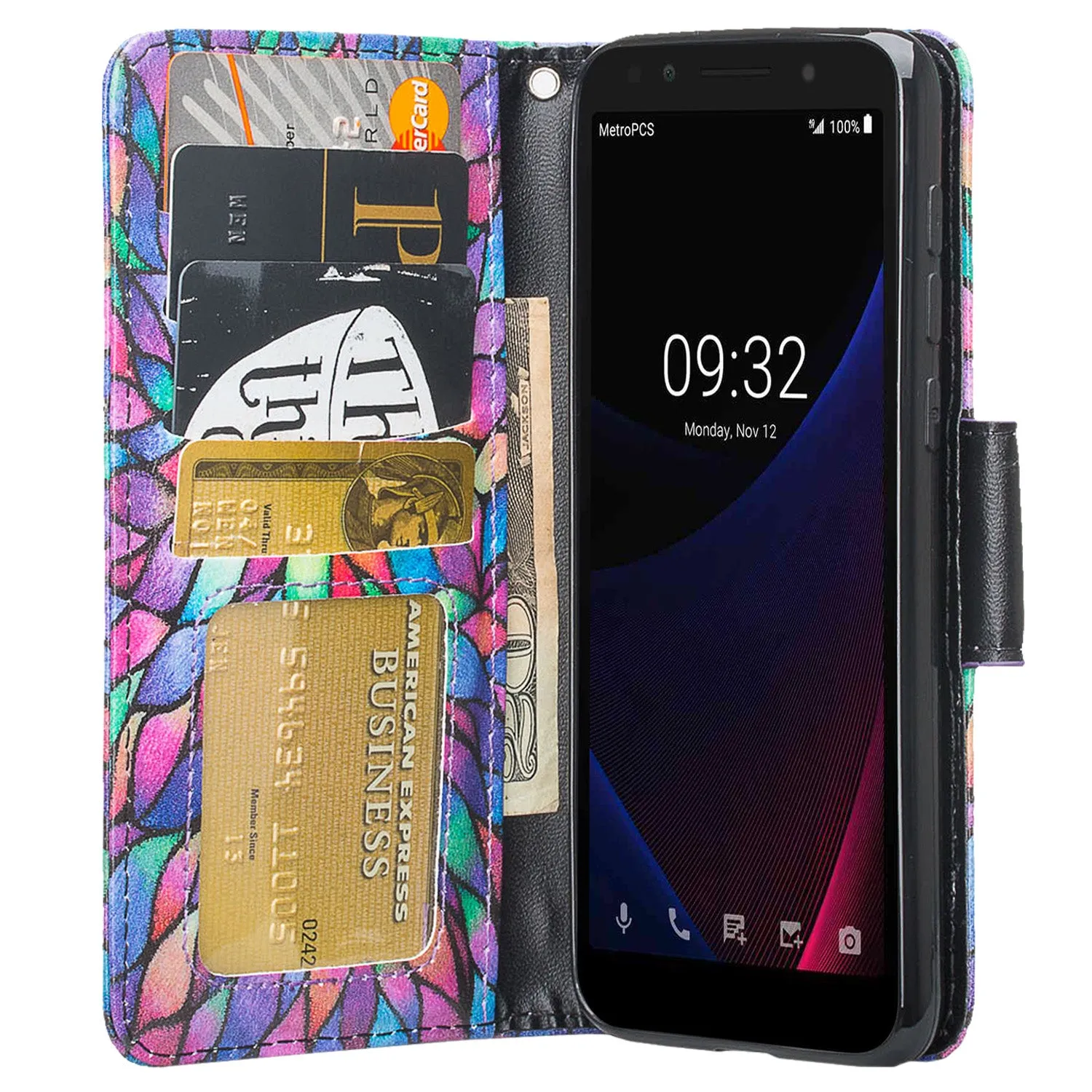 Alcatel 1x Evolve, TCL LX, Avalon V, IdealXTRA Case, Wrist Strap Magnetic Pu Leather Wallet Case [Kickstand] with ID & Credit Card Slots - Rainbow Flower