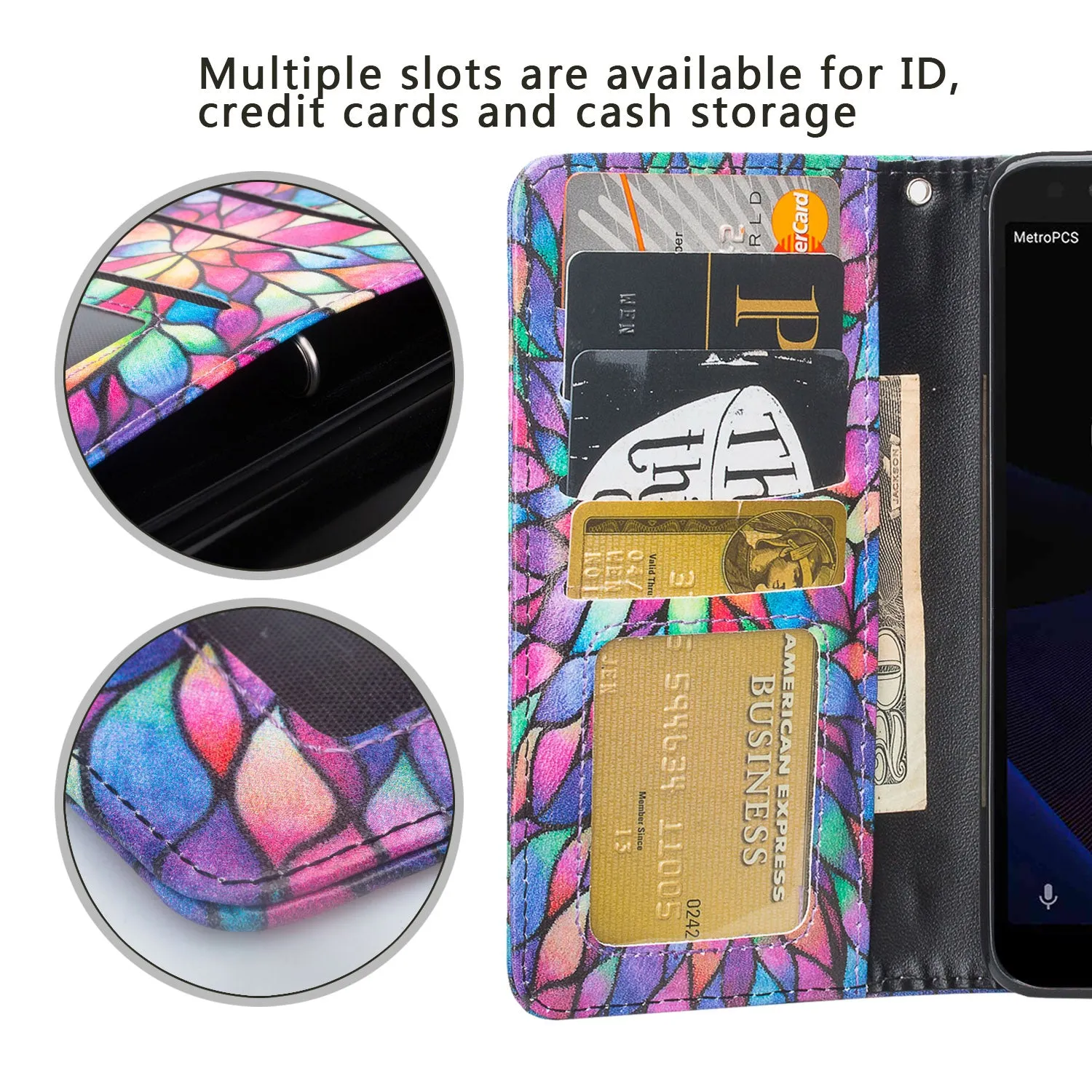 Alcatel 1x Evolve, TCL LX, Avalon V, IdealXTRA Case, Wrist Strap Magnetic Pu Leather Wallet Case [Kickstand] with ID & Credit Card Slots - Rainbow Flower