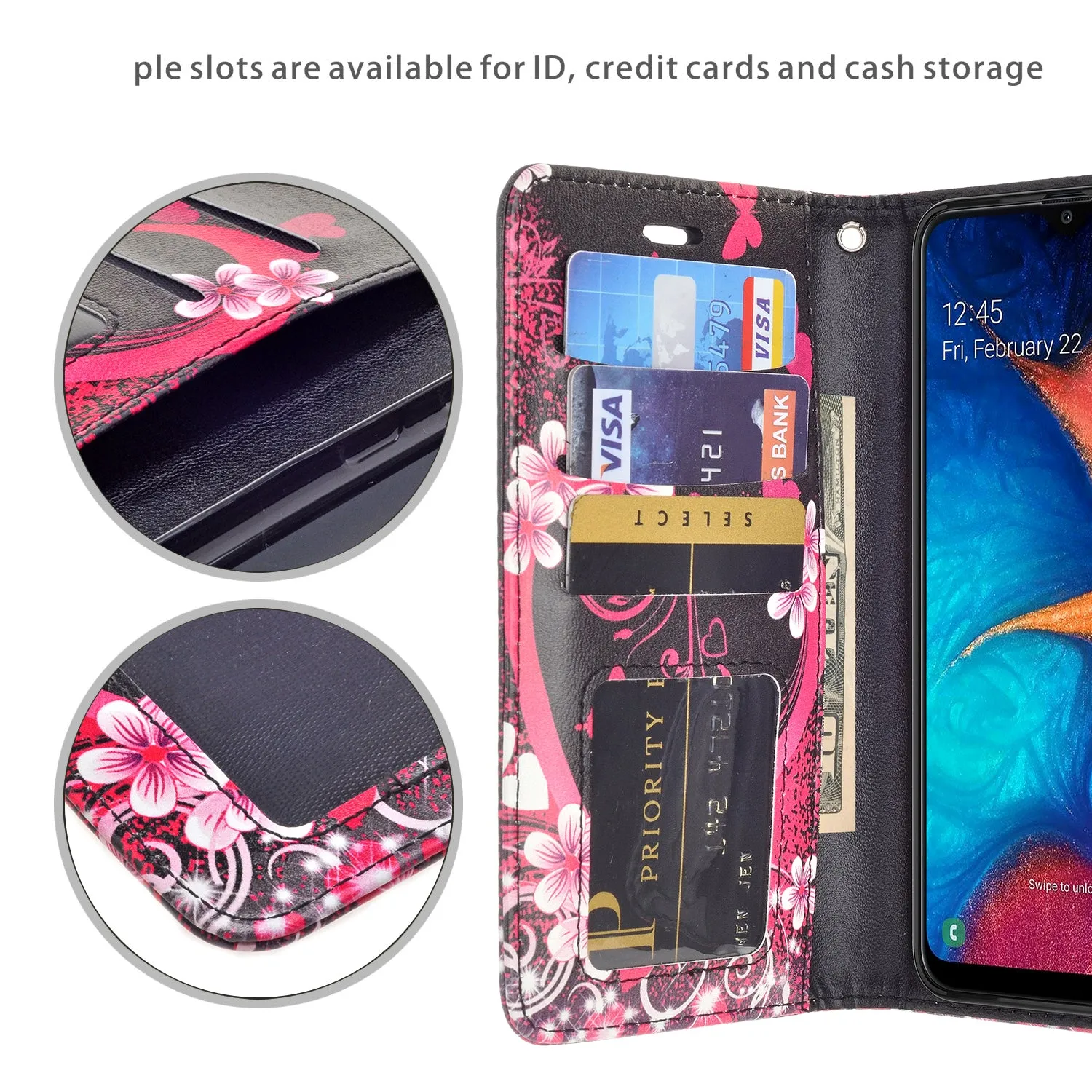 Alcatel 3V (2019) Case, 3V (2019) Wallet Case, Wrist Strap Pu Leather Wallet Case [Kickstand] with ID & Credit Card Slots - Heart Butterflies