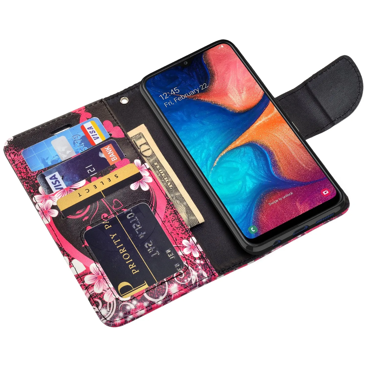 Alcatel 3V (2019) Case, 3V (2019) Wallet Case, Wrist Strap Pu Leather Wallet Case [Kickstand] with ID & Credit Card Slots - Heart Butterflies