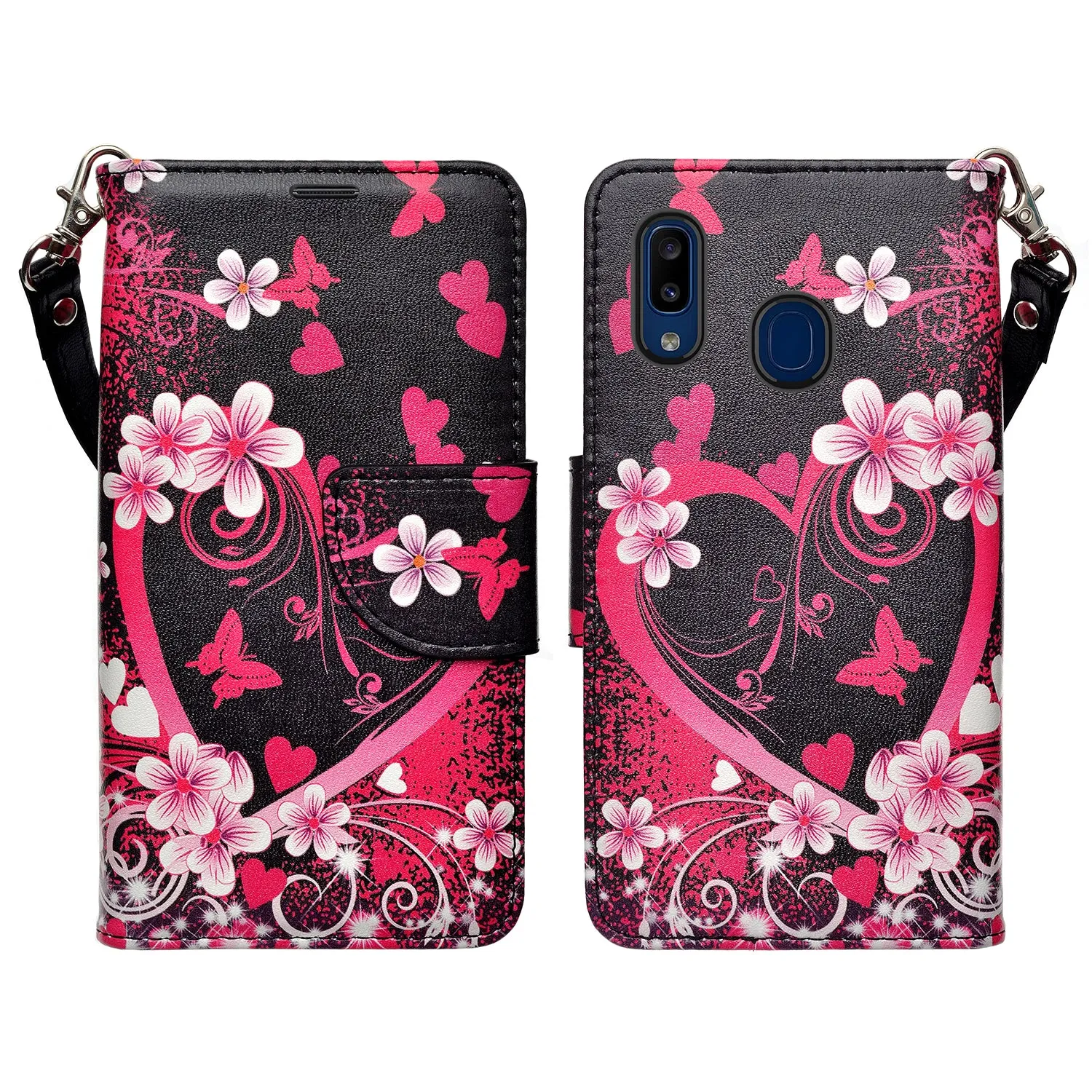 Alcatel 3V (2019) Case, 3V (2019) Wallet Case, Wrist Strap Pu Leather Wallet Case [Kickstand] with ID & Credit Card Slots - Heart Butterflies