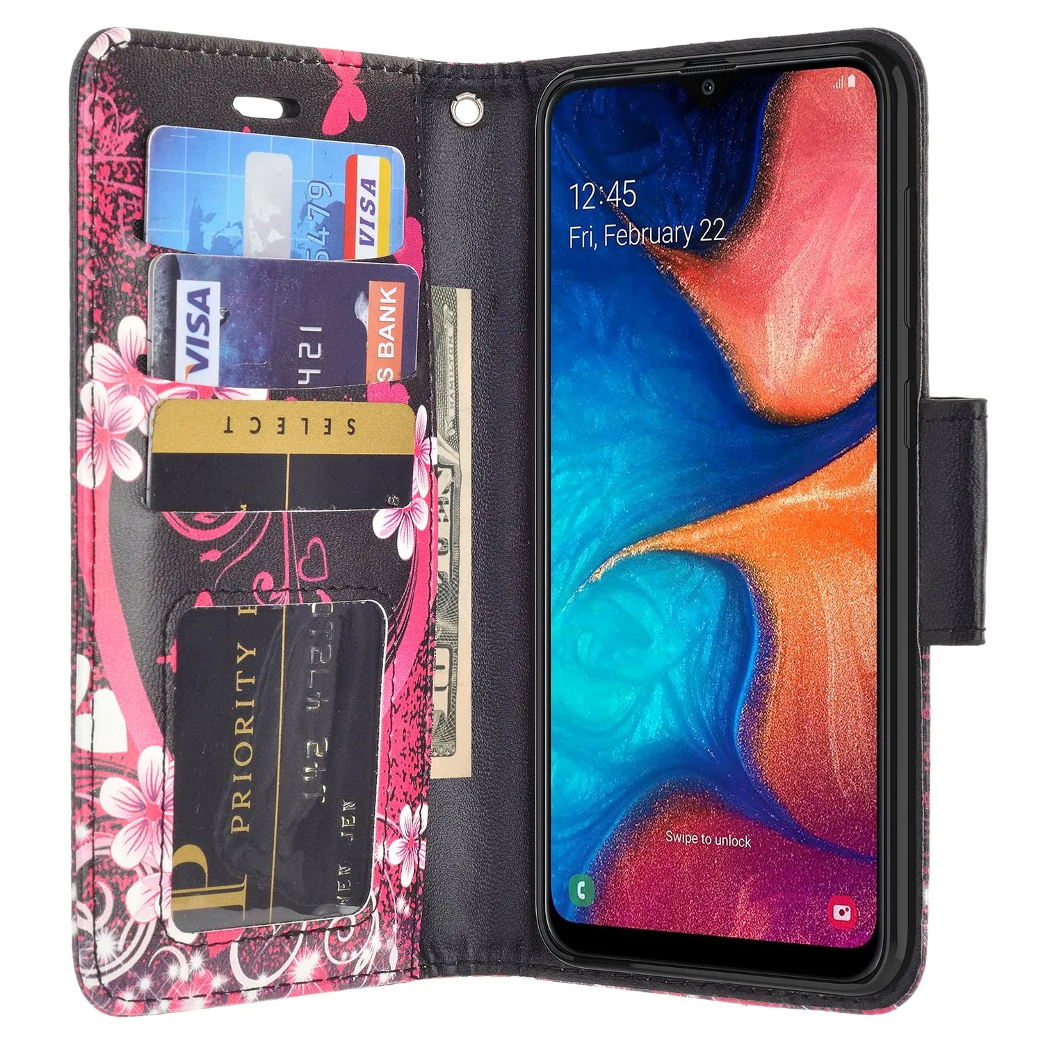 Alcatel 3V (2019) Case, 3V (2019) Wallet Case, Wrist Strap Pu Leather Wallet Case [Kickstand] with ID & Credit Card Slots - Heart Butterflies