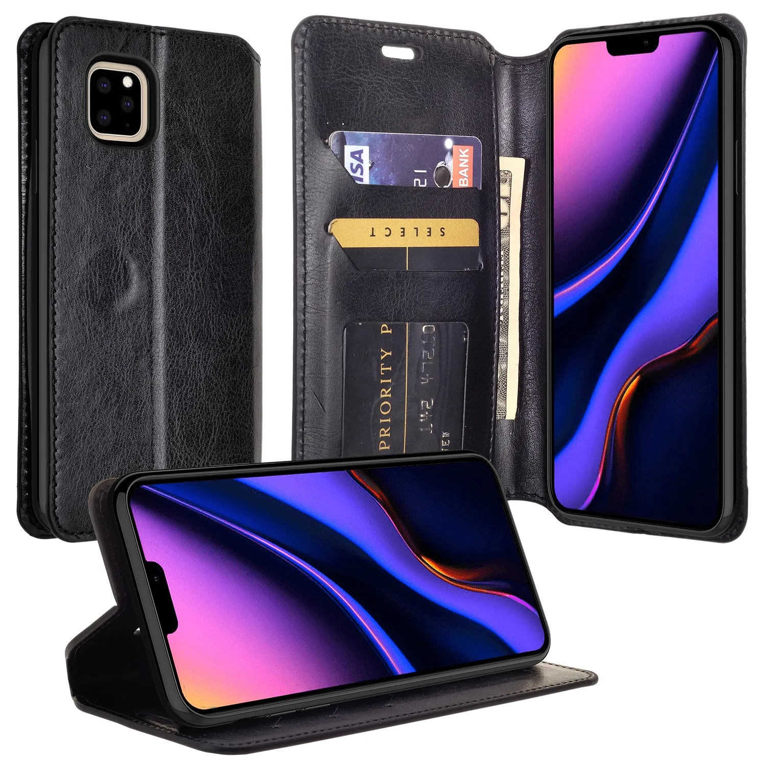 Apple iPhone 11 Case, iPhone 11 Wallet Case, Pu Leather Wallet Case [Kickstand] with ID & Credit Card Slots for iPhone 11  - Black