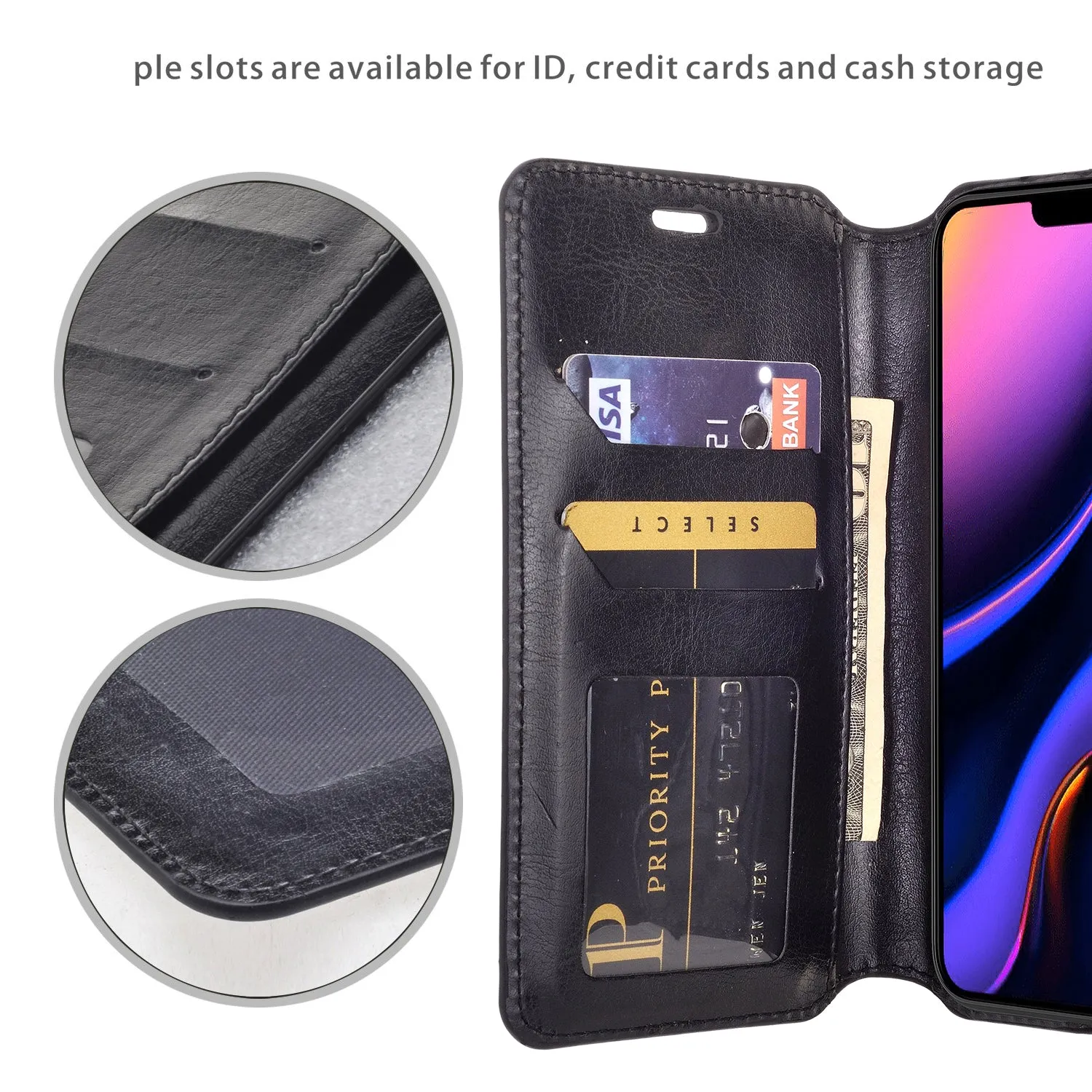 Apple iPhone 11 Case, iPhone 11 Wallet Case, Pu Leather Wallet Case [Kickstand] with ID & Credit Card Slots for iPhone 11  - Black