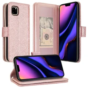 Apple iPhone 12 mini Case, iPhone 12 mini Case, Glitter Faux Leather Flip Credit Card Holder Wrist Strap Shockproof Protective Wallet Case Clutch for iPhone 12 mini - Rose Gold