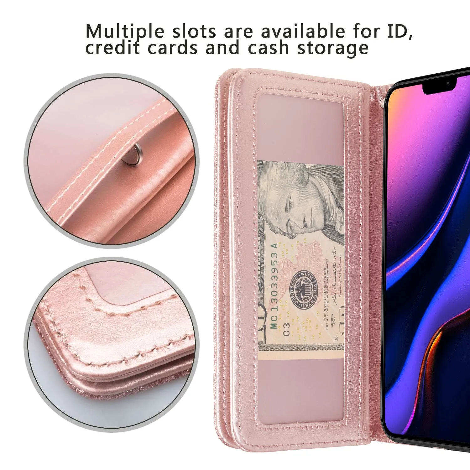 Apple iPhone 12 mini Case, iPhone 12 mini Case, Glitter Faux Leather Flip Credit Card Holder Wrist Strap Shockproof Protective Wallet Case Clutch for iPhone 12 mini - Rose Gold