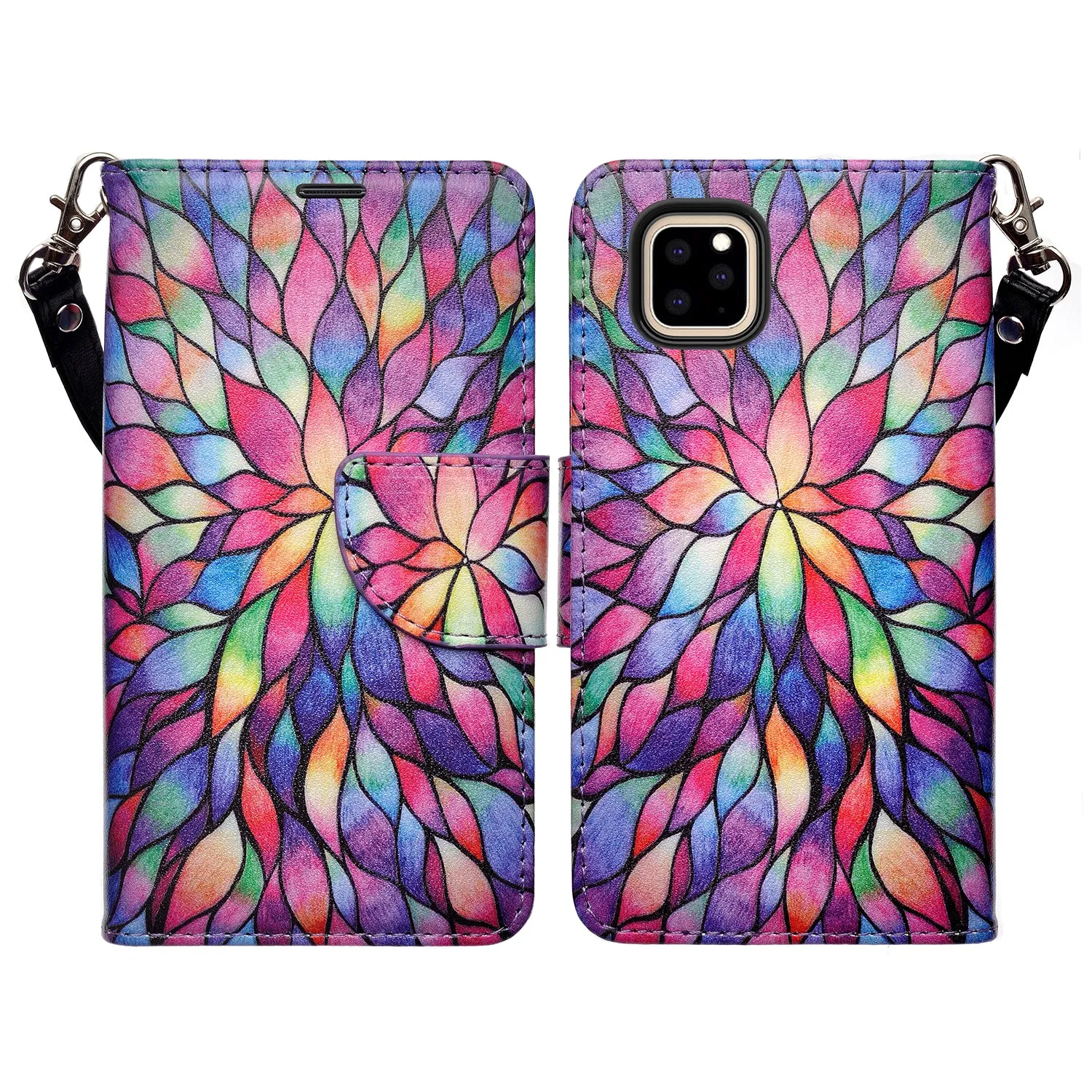 Apple iPhone 12 mini Case, iPhone 12 mini Wallet Case, Wrist Strap Pu Leather Wallet Case [Kickstand] with ID & Credit Card Slots - Rainbow Flower