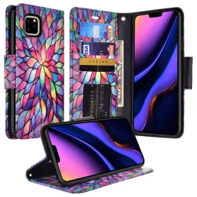 Apple iPhone 12 mini Case, iPhone 12 mini Wallet Case, Wrist Strap Pu Leather Wallet Case [Kickstand] with ID & Credit Card Slots - Rainbow Flower