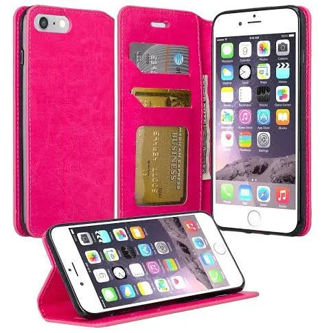 Apple iPhone 8 Plus Case, Pu Leather Magnetic Flip Fold[Kickstand] Wallet Case with ID & Card Slots for iPhone 8 Plus - Hot Pink