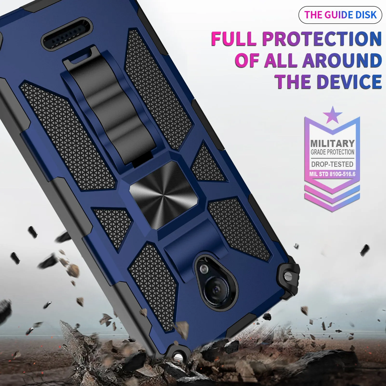 AT&T Fusion Z / Motivate Case [Military Grade] Ring Car Mount Kickstand Hybrid Hard PC Soft TPU Shockproof Protective Case - Blue