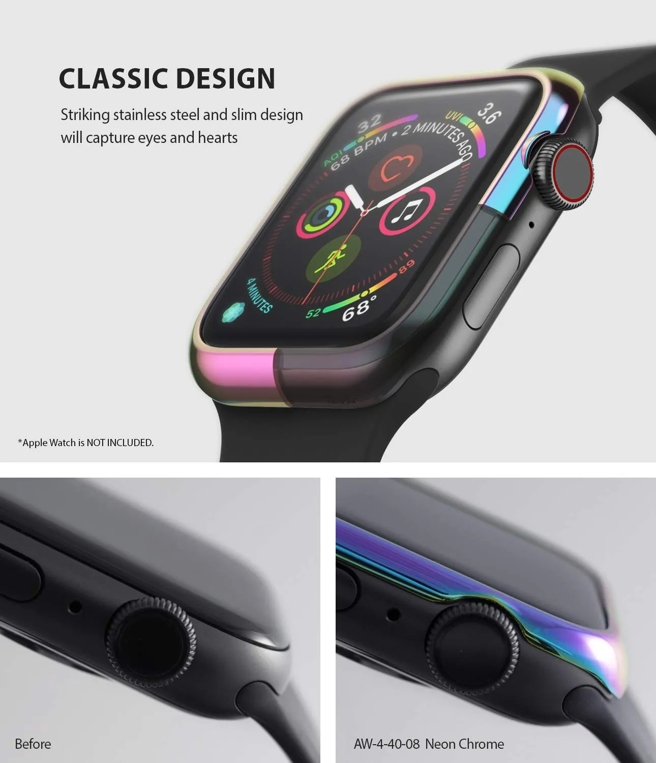 Bezel Styling for Apple Watch 40mm for Series 4 (2018) (AW4-40-08)  -  [Stainless Steel] Neon Chrome