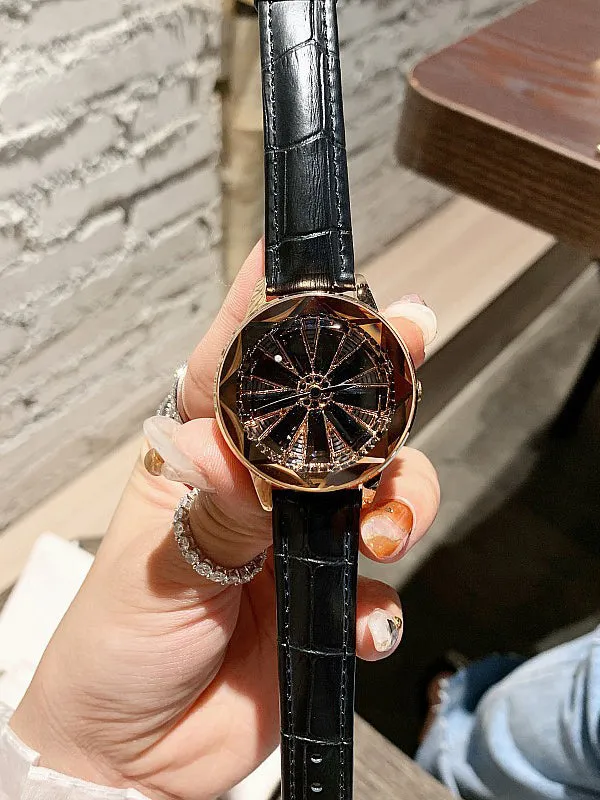 Big Turntable Leather Women's Watch