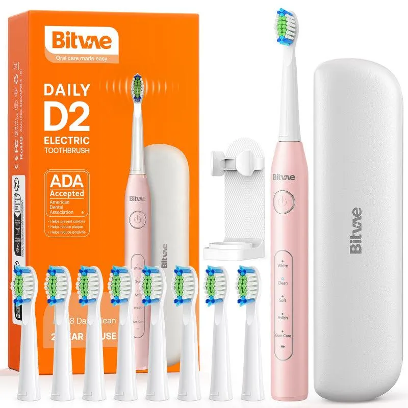 Bitvae D2 Ultrasonic Electric Toothbrush for Adults and Kids with 8 Brush Heads, ADA Accepted Power Rechargeable Toothbrush with 5 Modes, Smart Timer