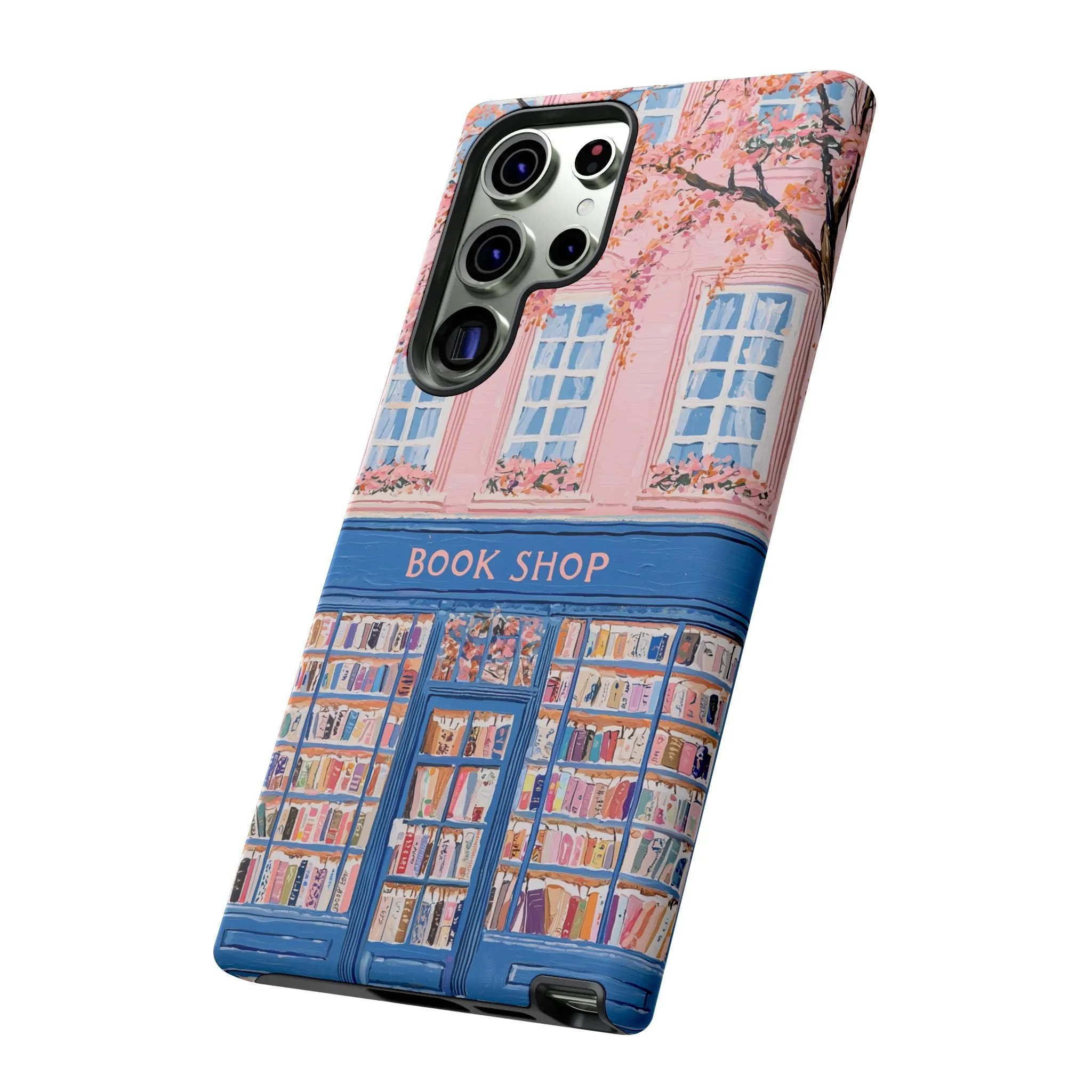 Book Shop Tough Phone Case, Reading Pink Floral iPhone 16 15 14 13 Pro Max 12 11 8 Plus X XR XS Galaxy S24 S23 S22 S21 Google Pixel Cover