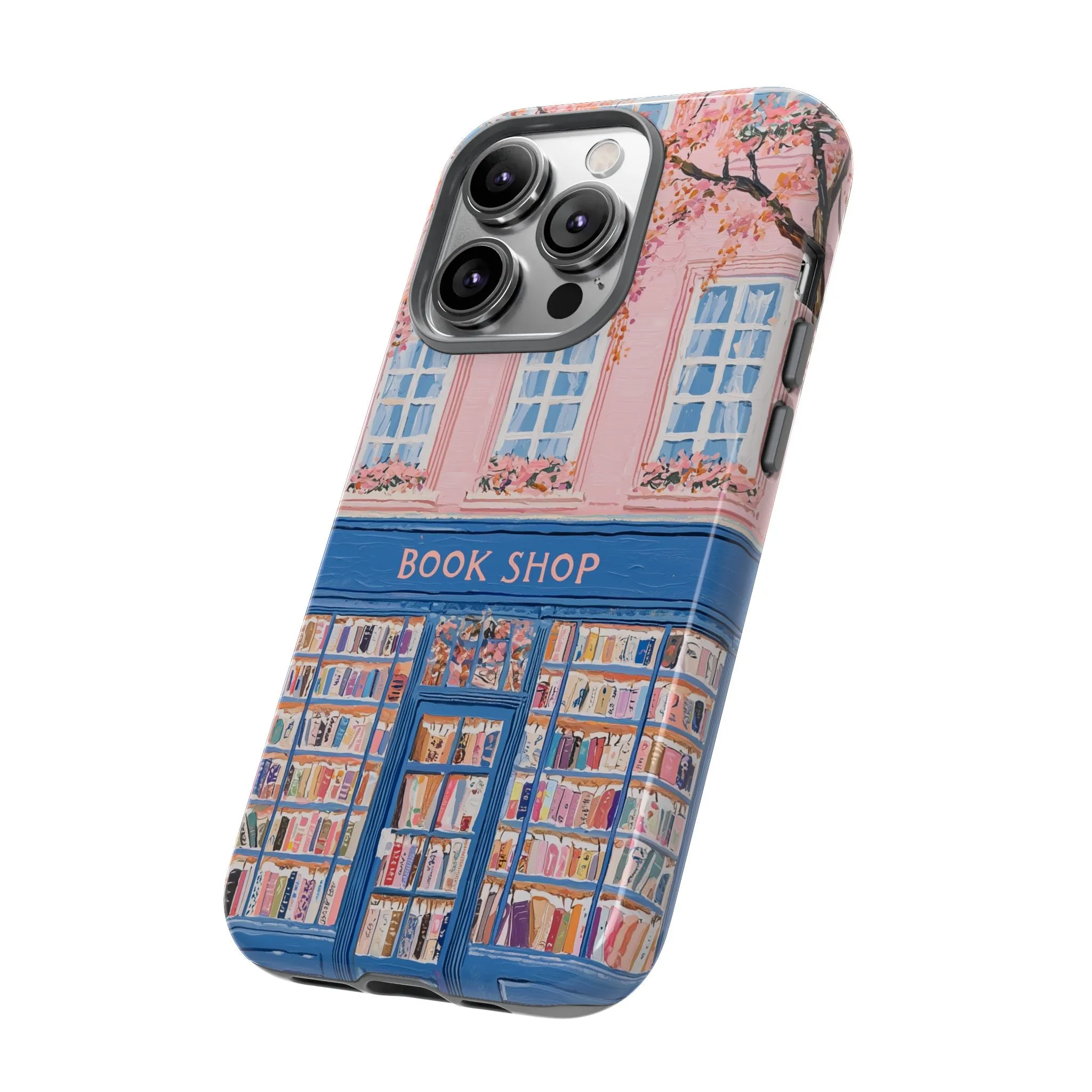 Book Shop Tough Phone Case, Reading Pink Floral iPhone 16 15 14 13 Pro Max 12 11 8 Plus X XR XS Galaxy S24 S23 S22 S21 Google Pixel Cover