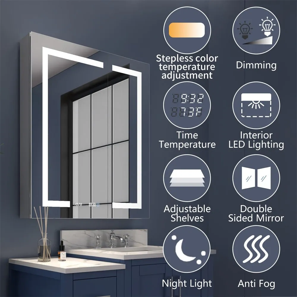 Boost-M2 24" W x 32" H LED Lighted Bathroom Medicine Cabinet with Mirror and Clock, Right Hinge