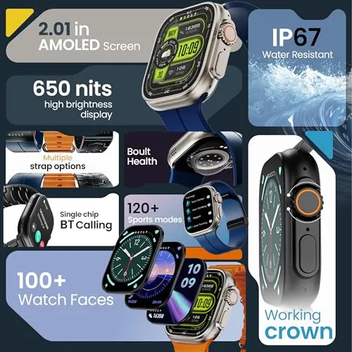 Boult Newly Launched Crown Pro Smart Watch 2.01'' AMOLED, BT Calling, Working Crown, AOD, Zinc Alloy Frame, 650 Nits Brightness, AI Voice Assistant, SpO2 Monitoring, 120  Sports Mode (Skyline Blue)