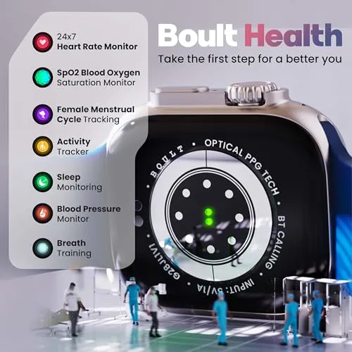 Boult Newly Launched Crown Pro Smart Watch 2.01'' AMOLED, BT Calling, Working Crown, AOD, Zinc Alloy Frame, 650 Nits Brightness, AI Voice Assistant, SpO2 Monitoring, 120  Sports Mode (Skyline Blue)