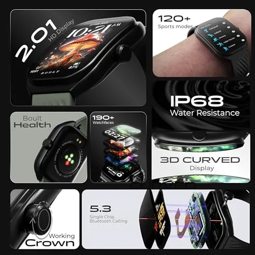 Boult Newly Launched Trail Smart Watch 2.01'' 3D Curved HD Display, Bluetooth Calling, Working Crown, 190 Watchfaces, 500 Nits Brightness, AI Voice Assistant, SpO2 Monitoring, 120  Sports Mode (Metal Black)