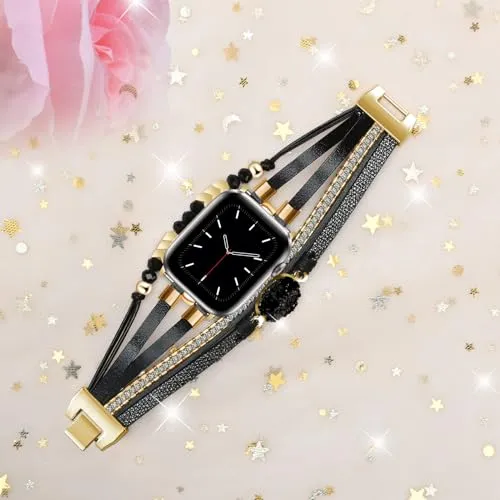 Bracelet Work for Apple Watch Band 41mm 40mm 38mm, Boho Chic Leather Strap for Series 9 Apple Watch Band Women with Rose Gold Metal Buckle, Multilayer Wrap for iWatch Series 8 7 6 SE 5 4 3 Black