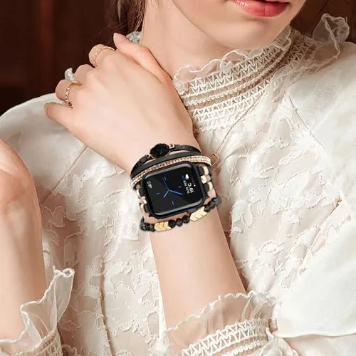 Bracelet Work for Apple Watch Band 41mm 40mm 38mm, Boho Chic Leather Strap for Series 9 Apple Watch Band Women with Rose Gold Metal Buckle, Multilayer Wrap for iWatch Series 8 7 6 SE 5 4 3 Black