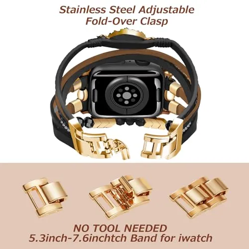 Bracelet Work for Apple Watch Band 41mm 40mm 38mm, Boho Chic Leather Strap for Series 9 Apple Watch Band Women with Rose Gold Metal Buckle, Multilayer Wrap for iWatch Series 8 7 6 SE 5 4 3 Black