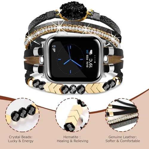 Bracelet Work for Apple Watch Band 41mm 40mm 38mm, Boho Chic Leather Strap for Series 9 Apple Watch Band Women with Rose Gold Metal Buckle, Multilayer Wrap for iWatch Series 8 7 6 SE 5 4 3 Black