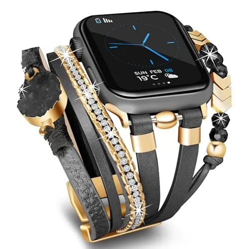 Bracelet Work for Apple Watch Band 41mm 40mm 38mm, Boho Chic Leather Strap for Series 9 Apple Watch Band Women with Rose Gold Metal Buckle, Multilayer Wrap for iWatch Series 8 7 6 SE 5 4 3 Black