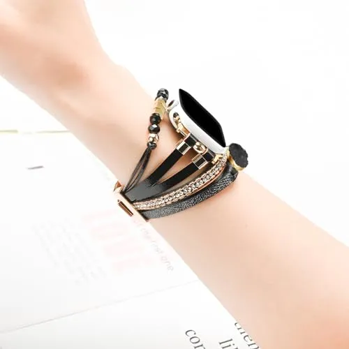 Bracelet Work for Apple Watch Band 41mm 40mm 38mm, Boho Chic Leather Strap for Series 9 Apple Watch Band Women with Rose Gold Metal Buckle, Multilayer Wrap for iWatch Series 8 7 6 SE 5 4 3 Black