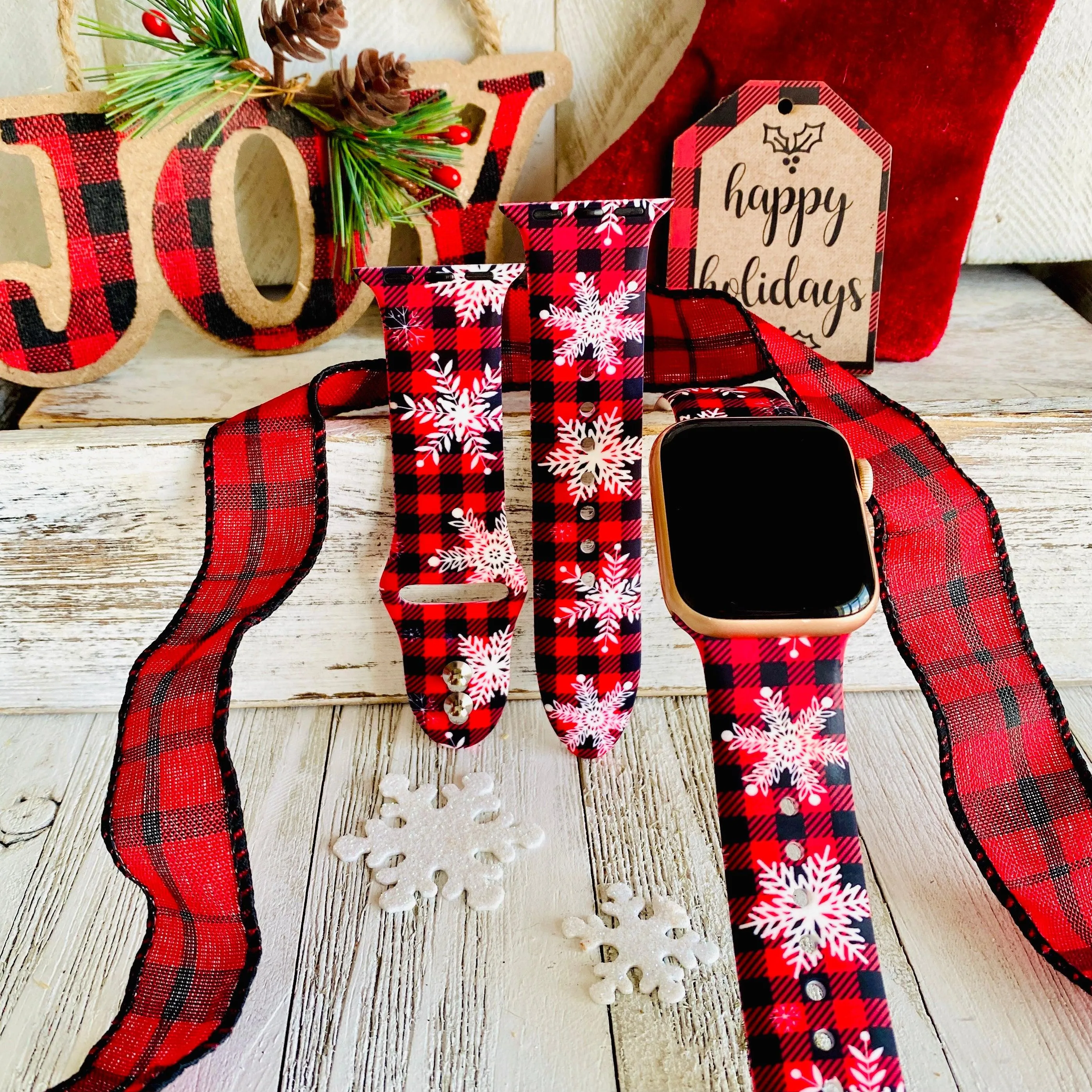 Buffalo Plaid Snowflake Print Silicone Band For Apple Watch