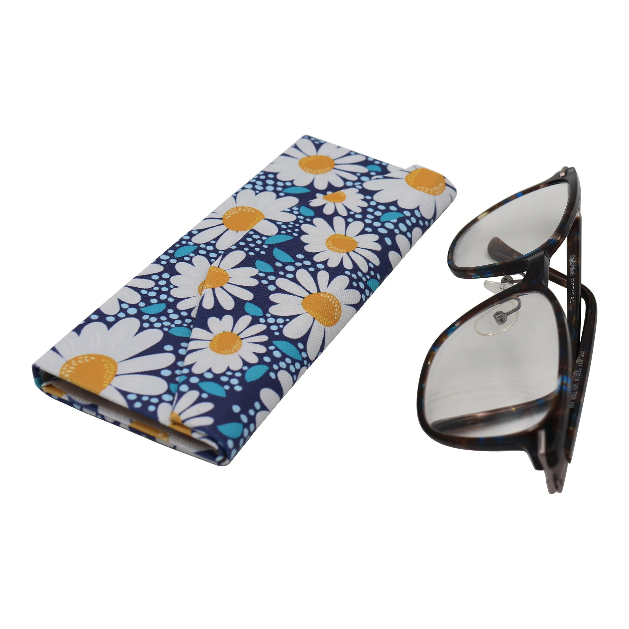 Chamomile Flower Eyewear Glasses Case - Eco Leather Magnetic Folding Hard Case for Sunglasses, Eyeglasses, Reading Glasses