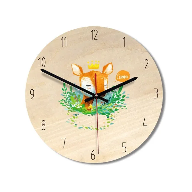 Children Fox Cartoon Creative Living Room Home Decor Silent Wooden Wall Clocks Round Silent Modern Handing Clock