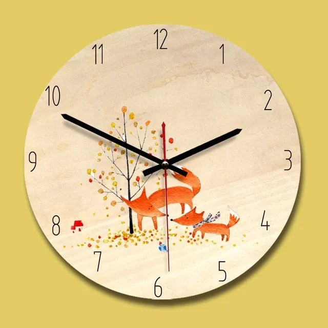 Children Fox Cartoon Creative Living Room Home Decor Silent Wooden Wall Clocks Round Silent Modern Handing Clock