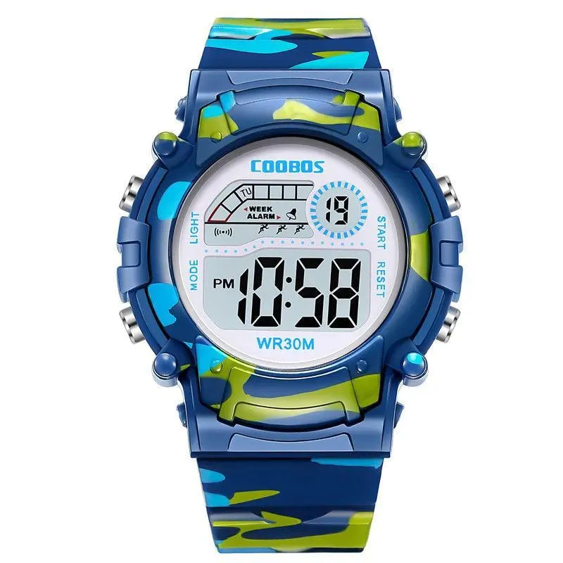 COOBOS Kids Waterproof LED Sports Watch: Active Navy Blue Camo Style