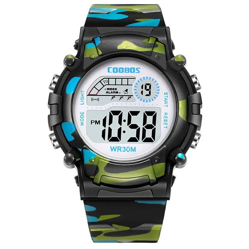 COOBOS Kids Waterproof LED Sports Watch: Active Navy Blue Camo Style