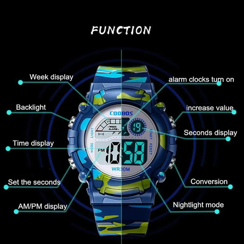 COOBOS Kids Waterproof LED Sports Watch: Active Navy Blue Camo Style