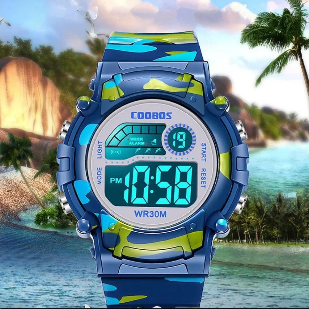 COOBOS Kids Waterproof LED Sports Watch: Active Navy Blue Camo Style